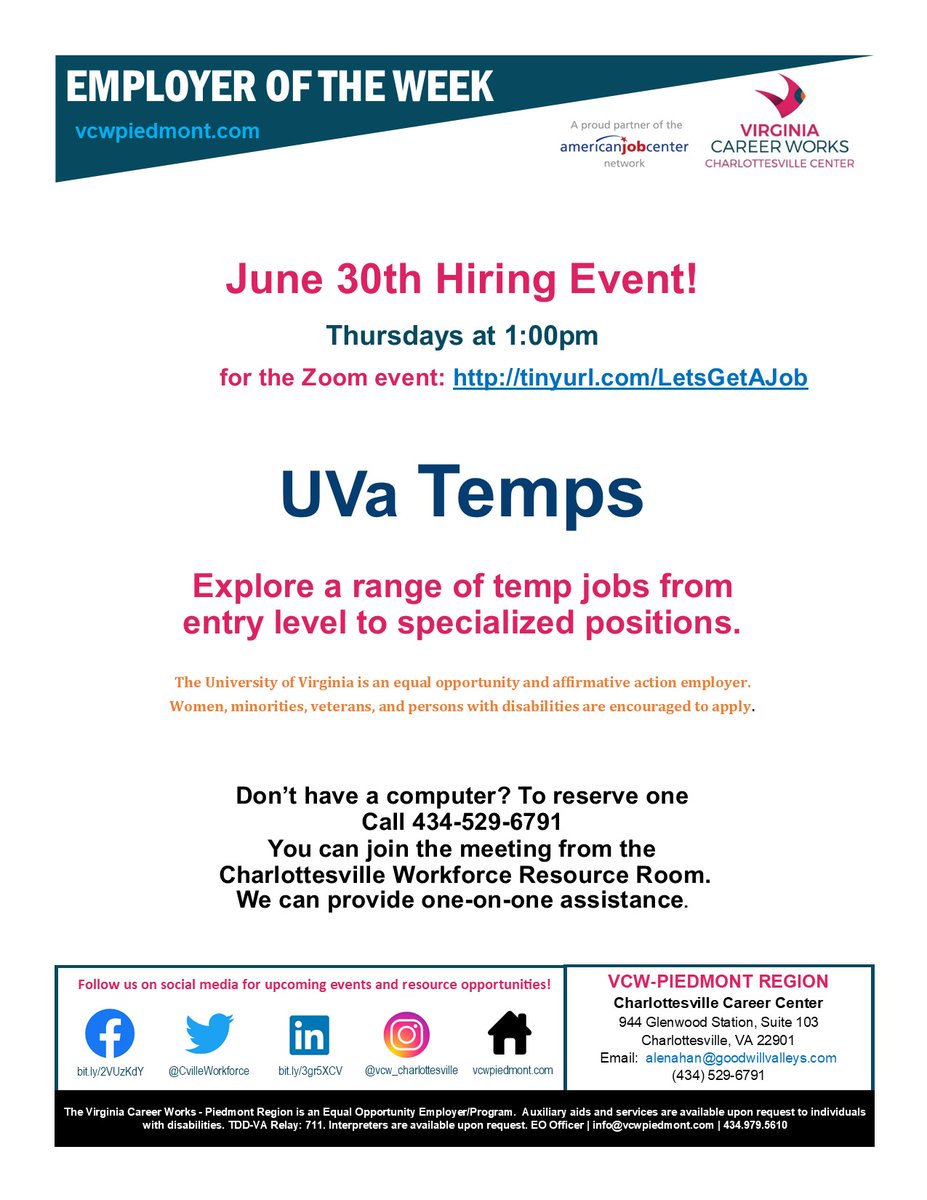 Jobs! Jobs! Jobs!
UVa Temps recruiters will be available to speak with you 1:1.
Use this link to register tinyurl.com/LetsGetAJob