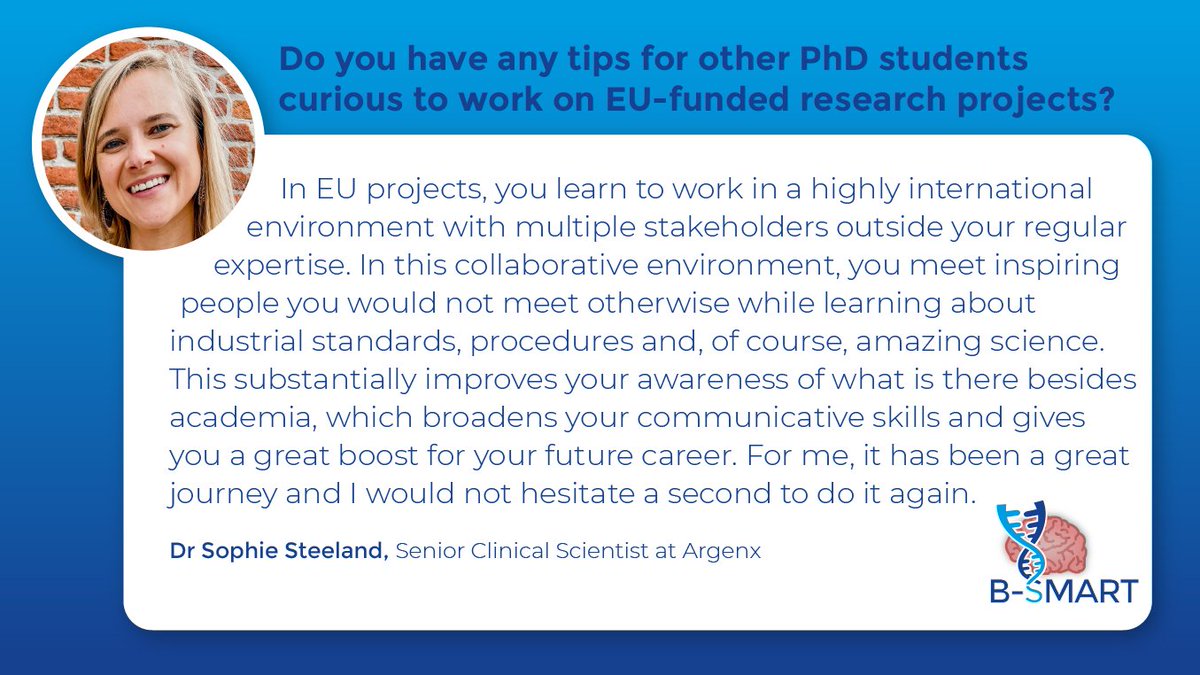 In the final days of #BSMART, we do not only want to highlight the remarkable results, but even more young people who contributed to them. We begin our success stories with <a href="/SSteeland/">Sophie Steeland</a>, back in the day a #PhD student at <a href="/VIBLifeSciences/">VIB</a> and now a clinical scientist at #argenx.