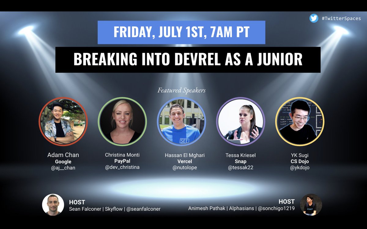 Mark your calendars! 📅

Coming up Friday at 7AM PT, the panel to end all panels.

Join the Space and hear these awesome folks discuss how to break into developer relations as a junior.

🔥@aj__chan
🔥<a href="/dev_christina/">Christina Monti</a>
🔥<a href="/nutlope/">Hassan</a>
🔥<a href="/tessak22/">Tessa Kriesel</a>
🔥<a href="/ykdojo/">YK aka CS Dojo 📺🐦</a> 

x.com/i/spaces/1yoKM…
