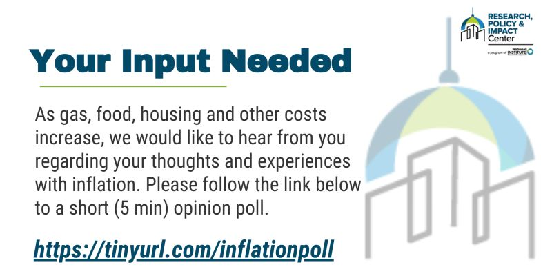 policy_nc's tweet photo. As gas, food, housing and other costs increase, we would like to hear from you regarding your thoughts and experiences with inflation. Please follow the link below to a short (5 min) opinion poll. https://t.co/4EpxQS1F8Y https://t.co/xyOjm84YLs