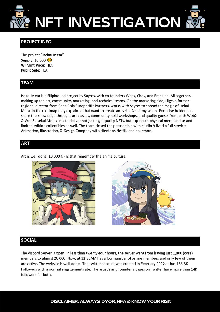 InvestigatioNft's tweet image. If our community ask for analyze a project, we immediatly answer! Here we have our analysis on @IsekaiMeta 
 #NFTs #NFTGiveaways #NFTProjects