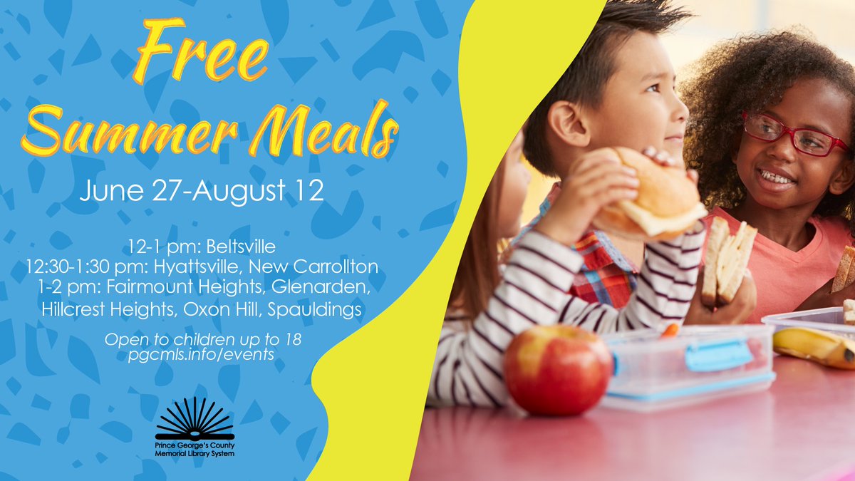 Starting today, free summer meals are available at select library branches, June 27 through August 12, weekdays only, while supplies last. Children up to 18 years of age are eligible to participate in the program, regardless of the type of school they attend. #PrinceGeorgesProud