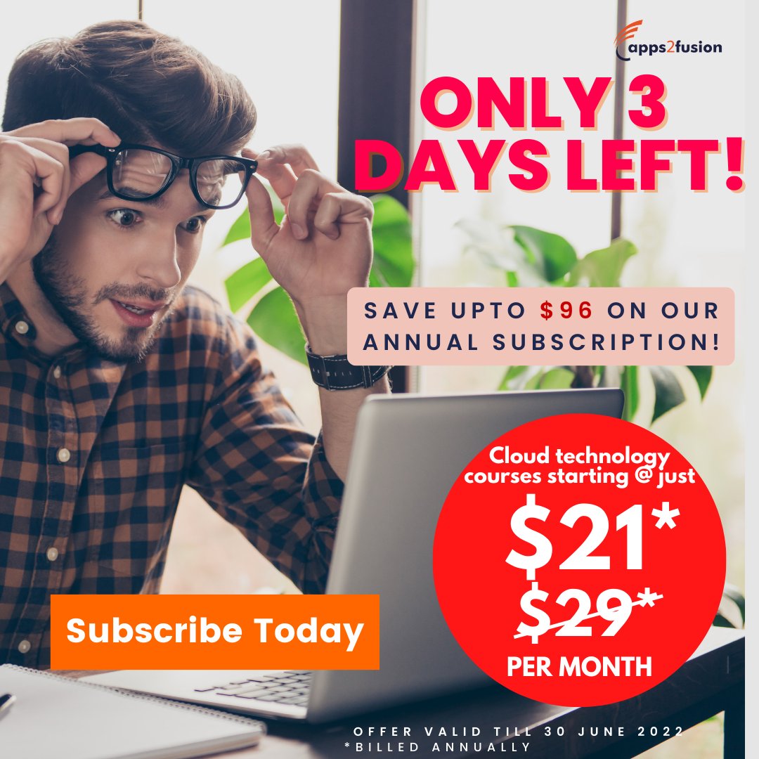 Apps2fusion's tweet image. Apps2Fusion’s special discount offer on all subscription plans. GRAB this offer before 30 June 2022. Explore our cloud technology courses, log on to apps2fusion.com

#coursediscount  #trainingdiscount #apps2fusion #cloudcomputing  #aws #azure #oracle #gcp #googlecloud