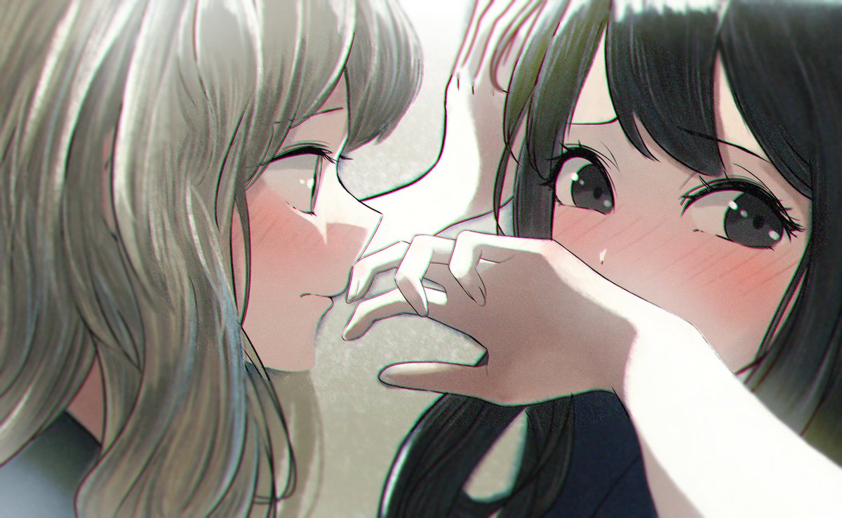 multiple girls 2girls blush black hair yuri long hair looking at another  illustration images