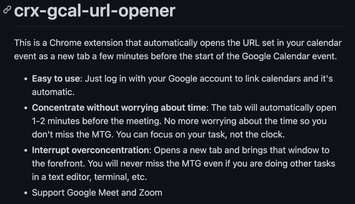 L_e_k_o's tweet image. Chrome拡張機能作った。ストアに公開済み。Googleカレンダーのイベント開始数分前にイベントに設定されたURL(Google Meet, Zoom)を自動で開くもの。もうこれ無しでは仕事ができない。
github.com/Leko/crx-gcal-…