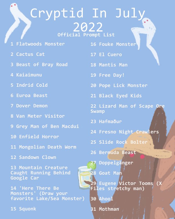 Here it is! The 2022 Cryptid in July list!  Starting on July 1st, follow the prompts and make art in any medium including writing and music. Do them all or do a few, it's your call! Tag with #CryptidinJuly or #CryptidinJuly2022 
I'll be retweeting as much as I can find!