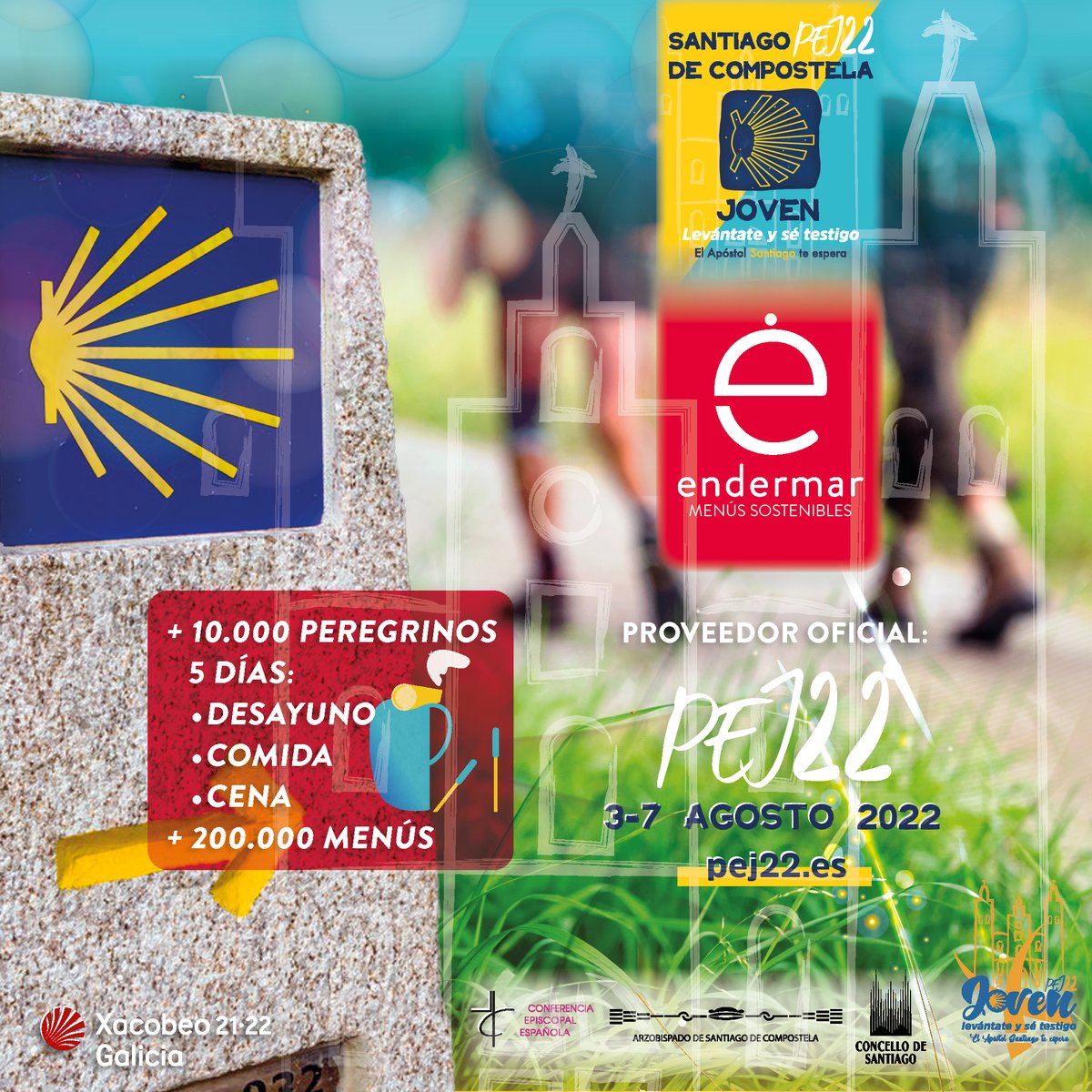 <a href="/Endermar_/">ENDERMAR</a> proveedor oficial de la #PEJ22 con más de 200.000 menús. 

PEJ22 es la Peregrinación Europea de Jóvenes que tendrá lugar del 3 al 7 de agosto de 2022 en #SantiagodeCompostela 

La Conferencia Episcopal Española confía de nuevo en Endermar.

pej22.es