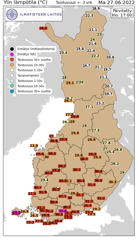 Fortes chaleurs en Scandinavie avec localement plus de 32°C en #Finlande et quelques records mensuels sur le sud du pays. 