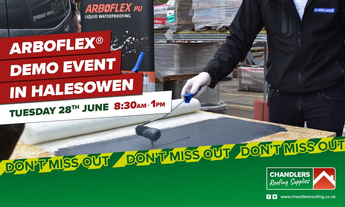 We have a @CARLISLE_CM_UK ARBOFLEX® PU liquid waterproofing demo event taking place in our #Halesowen branch tomorrow. Join us to see how the ready to use straight out of the tin single component PU is revolutionising flat #roofing. chandlersroofing.co.uk/branches/hales…