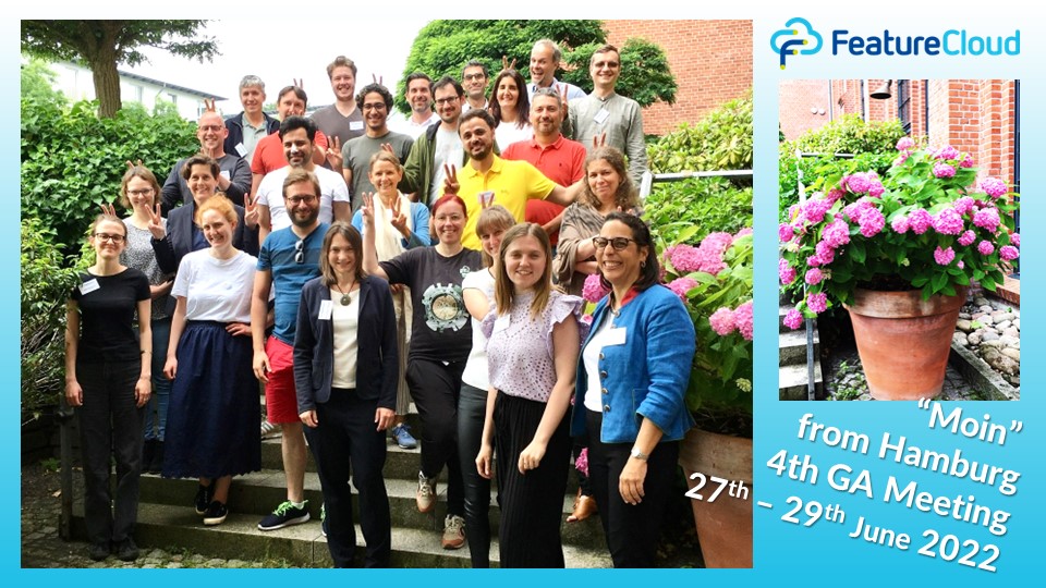 Feature_Cloud's tweet photo. Summertime in Hamburg: Flowers, bright shirts &amp; silly photo shenanigans are brightening the 1st day of #FeatureCloud's 4th GA Meeting in this exciting city. Just some fun during the coffee break...before and after, we were doing hard-core science! #AIStoreHealthcare @janbaumbach https://t.co/ZJ4E1wAltL