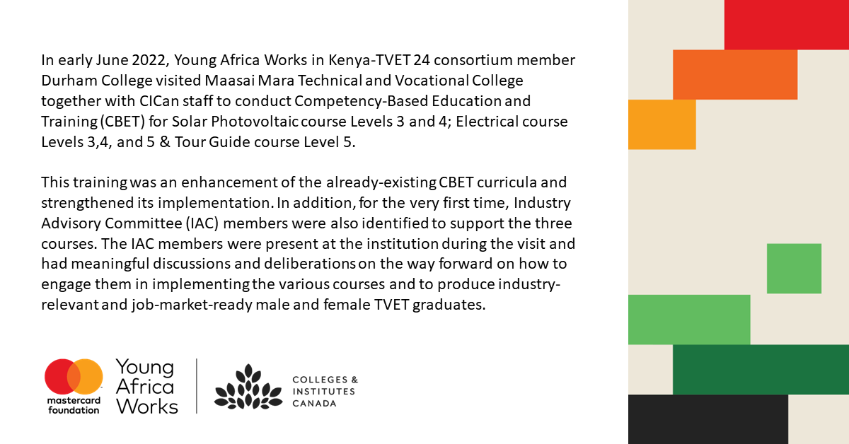 CICan_Kenya's tweet photo. A recap of #YoungAfricaWorks in Kenya-TVET's @durhamcollege's visit to their TVET-24 Kenyan counterparts @MaasaimaraTVC in early June, including the capacity-building of trainers and fruitful engagements with employers. https://t.co/UINwbKMS4P