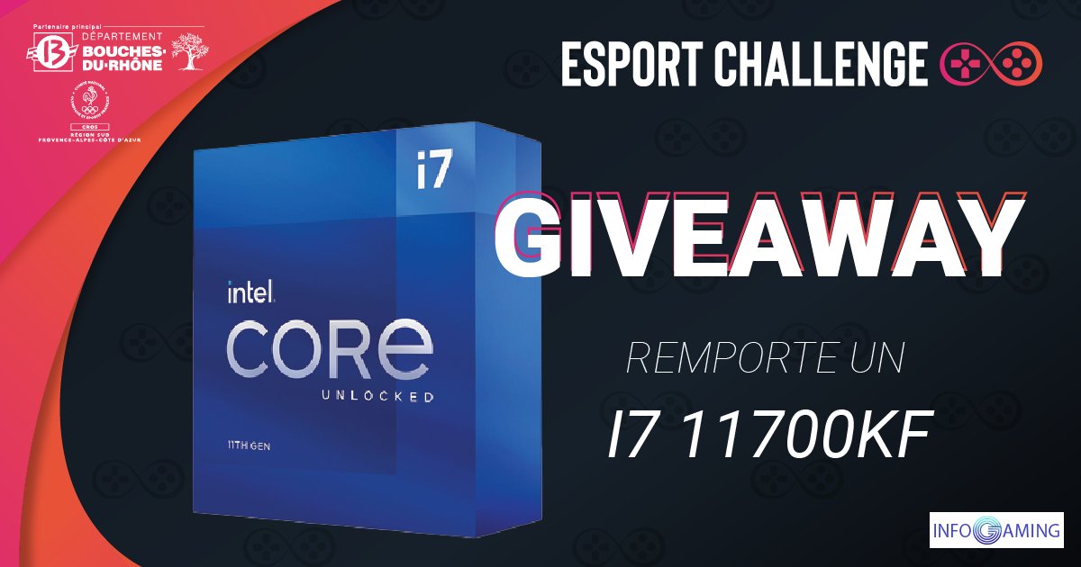 Esport_chall's tweet image. 🍀 @InfoGamingGP, sponsor du tournoi #RocketLeague #EsportChallenge, vous régale !

🎁 Processeur Intel Core I7 11700KF à gagner (409,96€ 🤩)

Pour participer ⬇
Follow @Esport_chall &amp;amp; @InfoGamingGP 
+ Tag ton bro' de Rocket League 🏎

📢 Annonce vainqueur #giveaway : 02/07, 21h