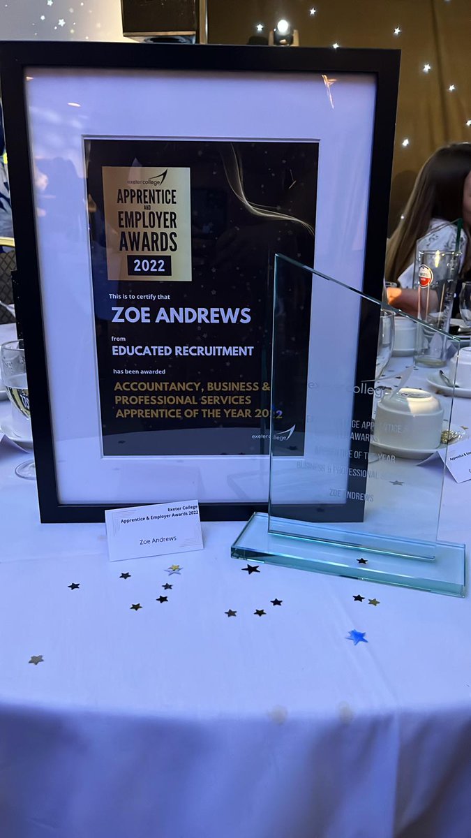 educatedrecruit's tweet photo. She did it! 😁😁😁
We are so proud of Zoe Andrews, on Friday night she won the apprentice award from Exeter College. Very well deserved, Zoe is an asset to our team.
#apprentice #exetercollege #apprenticeaward #proudteam #congratulations @ExeApprentices @ExeterCollege https://t.co/Wdjg73dVyr