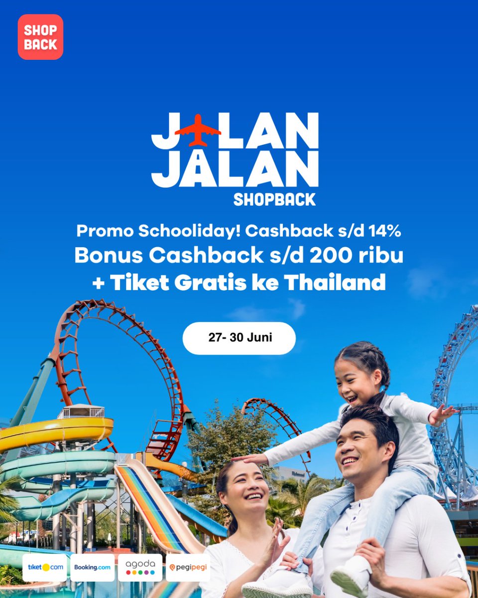 ShopBackID's tweet photo. Biar gak pusing karena kerjaan, yuk kita healing bareng keluarga ke luar kota! Pesen hotel dan tiket pesawat sekarang #MulaidariShopBack pake promo Jalan-
jalan ShopBack!
Dapetin cashback s/d 14% dan ada juga bonus cashback s/d 200ribu + tiket GRATIS ke Thailand! https://t.co/x3qBtSHmn8