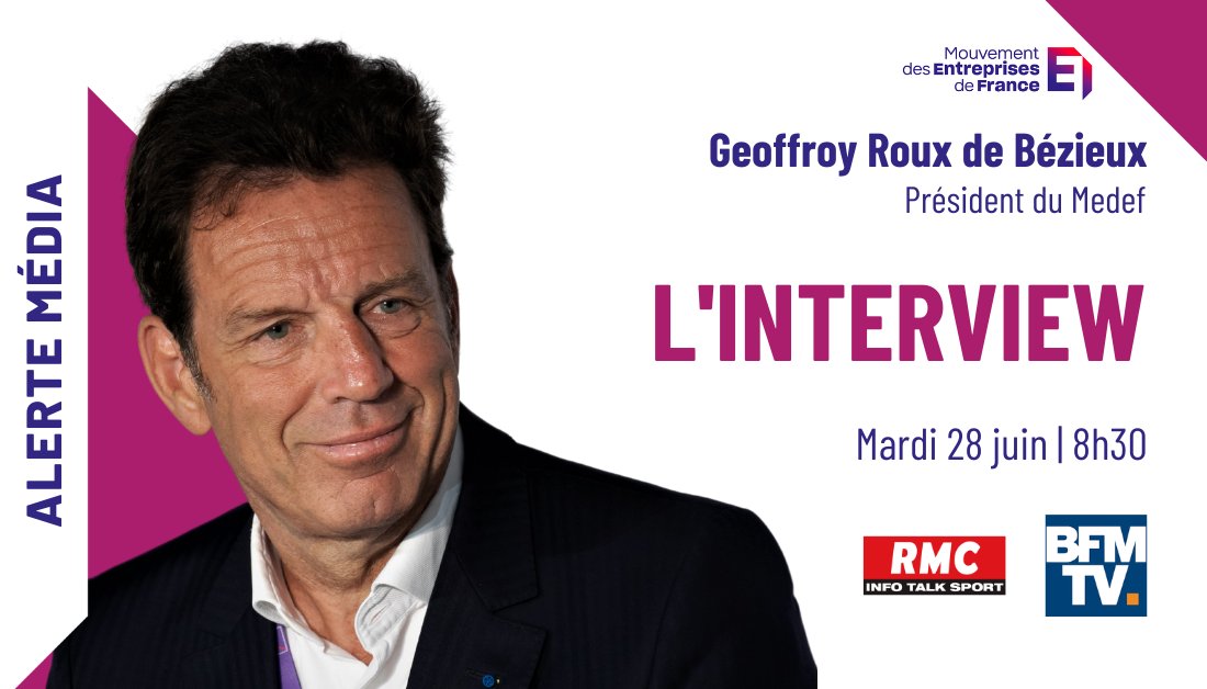 🚨 MEDIA | <a href="/GeoffroyRDB/">Geoffroy Roux de Bezieux</a>, président du <a href="/medef/">Mouvement des Entreprises de France</a>, sera l'invité de L'Interview de <a href="/apollineWakeUp/">Apolline de Malherbe</a> en direct et en simultané sur <a href="/BFMTV/">BFMTV</a> et <a href="/RMCInfo/">RMC</a>, demain matin à 8h30.
Lien vers le direct : bfmtv.com/en-direct/