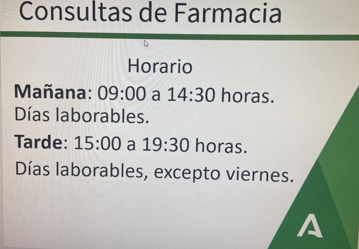 FarmaciaHUVR's tweet photo. A partir de hoy atenderemos 👩🏻‍⚕️🧑‍⚕️ a #pacientesexternos que necesiten medicación 💊 ambulatoria en horario de tarde en el Area de atención farmacéutica del edificio de laboratorio 🏥. @HospitalUVRocio 
Horario: 
Lunes a jueves: 15:00h - 19:30h https://t.co/5CVfSWWWGB