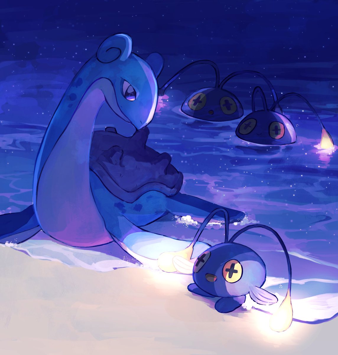 pokemon (creature) no humans water night outdoors closed mouth sand  illustration images