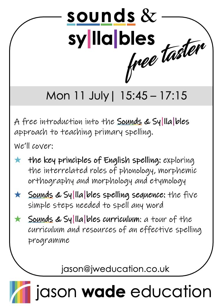 SoundSyllable's tweet photo. FREE: Sounds &amp; Syllables spelling taster
 Mon 11th July 15:45 BST

Three quarters of the places have now gone, so if you'd like to join, do reserve your spot sooner rather than later.

Sign up here: https://t.co/S59dClh0pG

Details in the flyer below. 👇👇👇 https://t.co/E3beiFvTVC