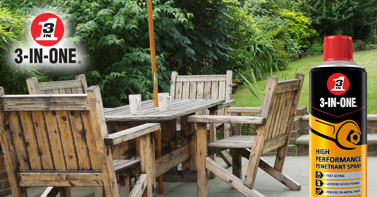 3InOneUK's tweet photo. Is your patio furniture in need of a refresh?
With 3-IN-ONE Fast-Acting Penetrant, you can and easily restore patio furniture by breaking up rusted parts, unsticking bolts, nuts, and screws, clean off mildew and sanding away rough edges - good as new!
#patiofurniture #patioclean https://t.co/l2xCmj0a0E