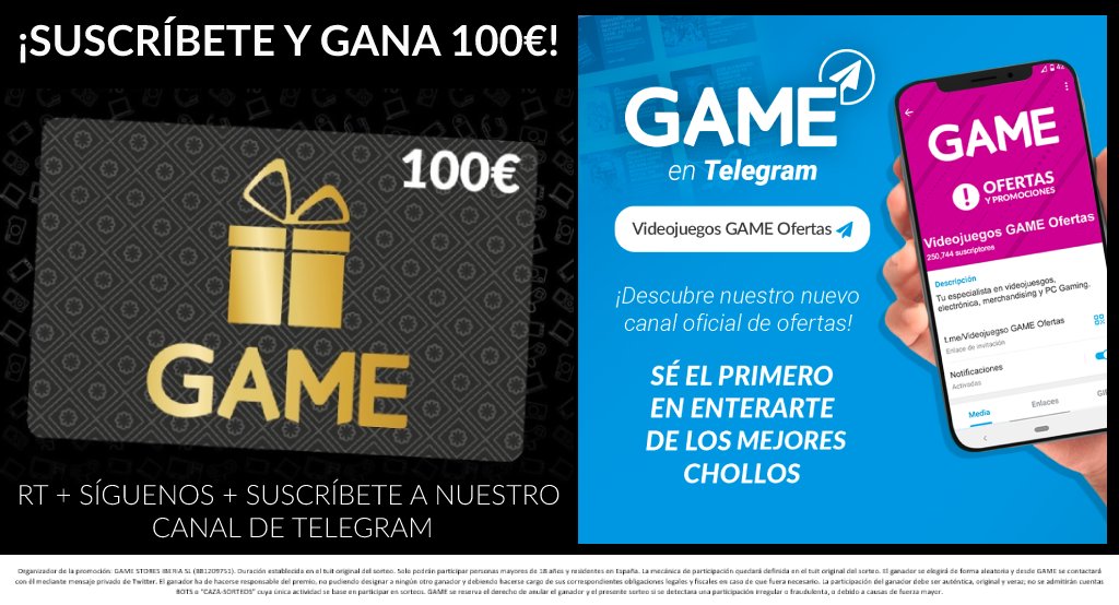 💸 ¡Suscríbete a nuestro #Telegram y GANA 100€ para gastar en GAME! 💸

Ofertas, últimas unidades, ediciones limitadas, listados de #PS5... ¡y más!

🔄 RT + Síguenos
📲 Suscríbete a nuestro canal de Telegram: ow.ly/jmp150JHIVr
⏱ Participa hasta el 03/07/2022 a las 23:59h