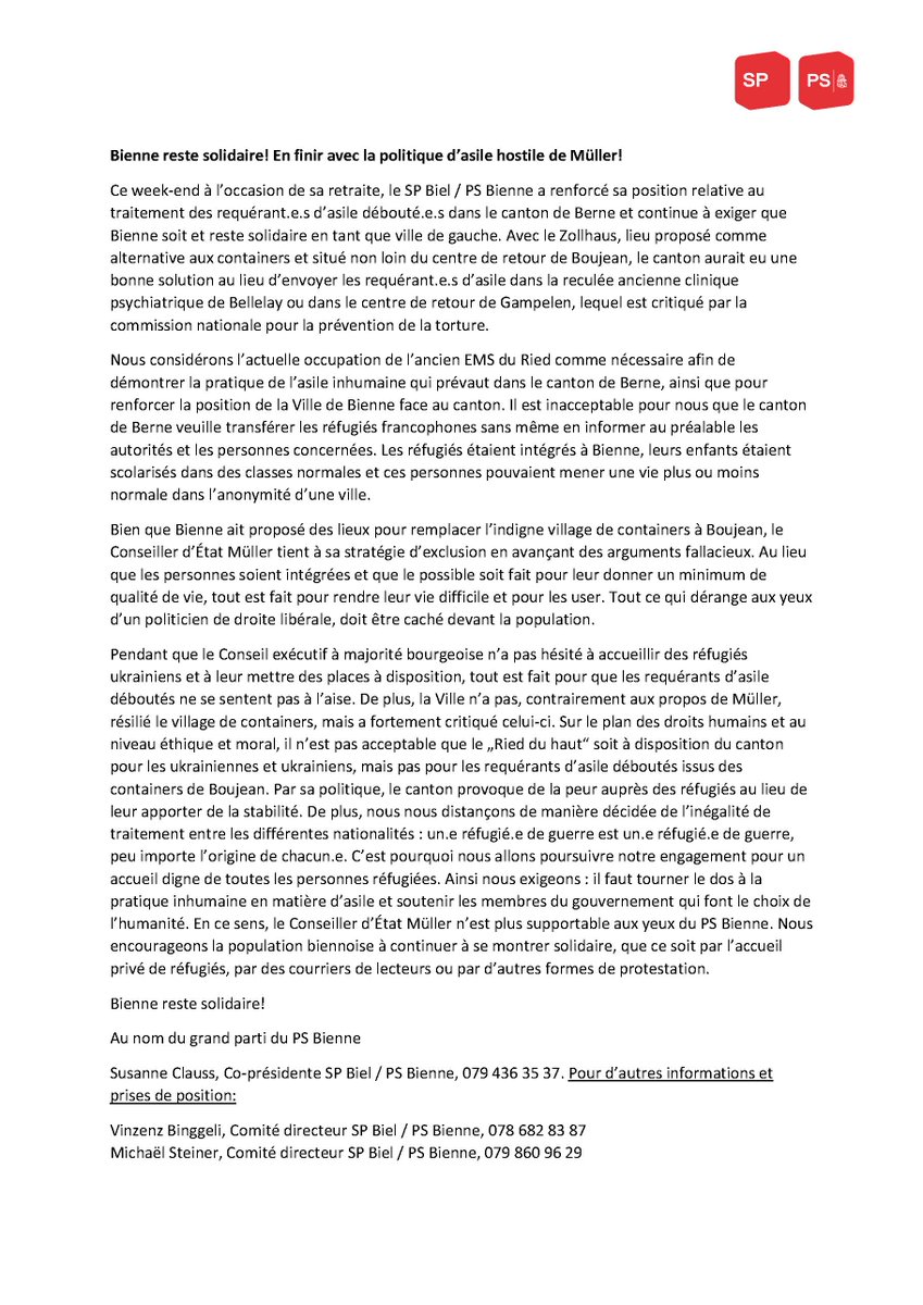 SPBiel_PSBienne's tweet photo. Wir verurteilen die menschenfeindliche Asylpolitik von @SicherheitBern bezüglich der Unterbringung von abgewiesenen Asylsuchenden!

Nous condamnons la politique d'asile inhumaine de @sicherheitbern concernant l'hébergement des requérant.e.s d'asile débouté.e.s ! https://t.co/eMa5bQVkL6