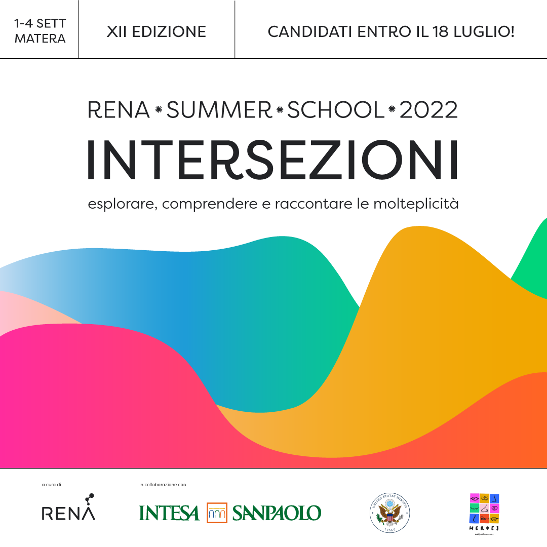 INTERSEZIONI è la XII edizione della Rena Summer School che si terrà dall'1 al 4 settembre a Matera! Esplorare, comprendere e raccontare le molteplicità sono gli obiettivi di quest’anno! 

Cosa aspetti? 
Scopri come candidarti entro il 18 luglio su linktr.ee/renasummerscho… !