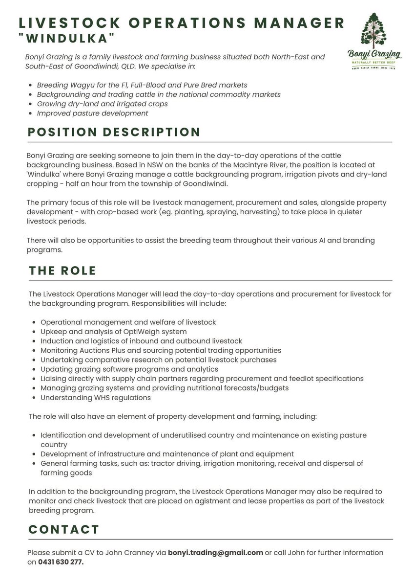 georgie_fraz's tweet photo. Please share with anyone that might be interested/suitable. 

✨We are hiring a full time Livestock Operations Manager to work alongside the Bonyi Grazing team for an immediate start ✨ Location 40km SE of Goondiwindi QLD. https://t.co/ZX1RHiTAlV