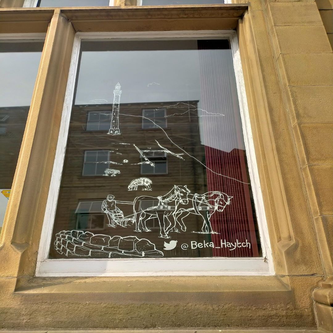CMBClibraries's tweet photo. Check out the wonderful new window art at Sowerby Bridge Library!  A series of Sowerby Bridge through time by the Artist @Beka_Haytch  Funded by Sowerby Bridge Heritage Action Zone, Historic England @sbhshaz https://t.co/kxAetr2jRL