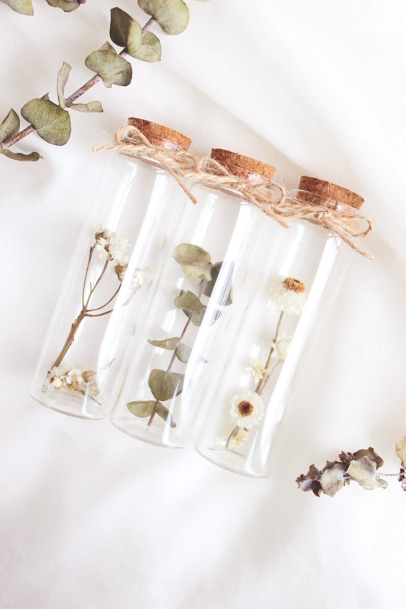 [RT감사합니다]
분위기 가득, 감성 가득 3종의 드라이플라워가 들어간 미니 유리병 입니다🤍

잔잔하지만 예쁜 꽃들은 물론, 초록빛의 소재도 함께 준비해봤어요✨

익소디아
유칼립투스
엠모비움

3종으로 만나보실 수 있으며, 꽃은 가장 예쁜 것으로 골라 제작하고 있습니다