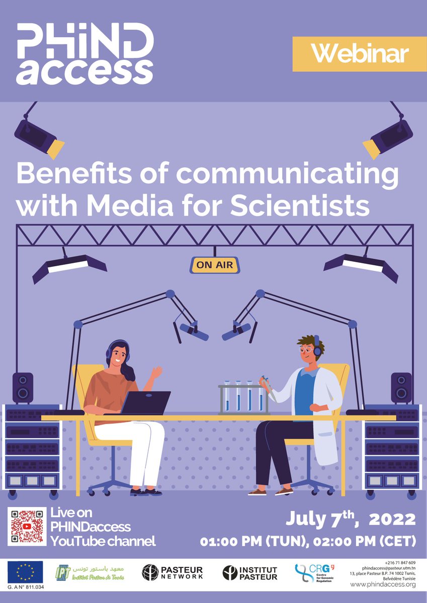 #PHINDaccess  #webinar  🤩
#Benefits of #communicating with #Media for #Scientists
 🗓 July, 7, 2022
1:00 PM (TUN)
2:00 PM (CET)
⏱️1h15 (Presentations+Questions)
Live on: rb.gy/xwsybn
<a href="/Pasteur_Tunis/">Institut Pasteur de Tunis 🇹🇳 معهد باستور تونس</a> 
<a href="/PasteurNetwork/">Pasteur Network</a> 
<a href="/biocorecrg/">Bioinformatics Core @ CRG</a> 
<a href="/CRGenomica/">Centre for Genomic Regulation (CRG)</a> 
<a href="/institutpasteur/">Institut Pasteur, since 1887</a>