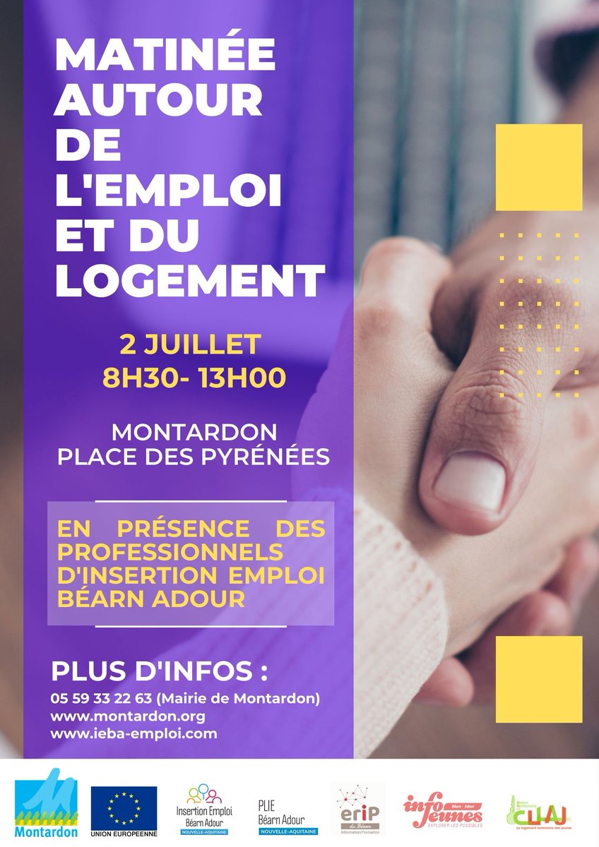 IEBA et la commune de Montardon proposent une matinée dédiée à la découverte de l'offre de service d'Insertion Emploi Béarn Adour ! Venez nombreux samedi 2 juillet nous rencontrer autour d'un café.
#emploi64 #logement64 #infojeunes #jeunes64
#luysenbéarn