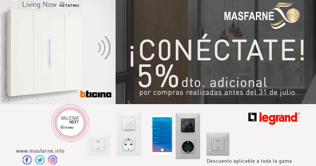 Masfarne's tweet photo. 📣¡Conéctate! con @LegrandGroupES y @BTicino_es
Consigue un 5% de descuento adicional por la compra de #ValenaNext o #LivingNow
👉Consulta ya con tu comercial o delegación https://t.co/f9Md1DHrVU