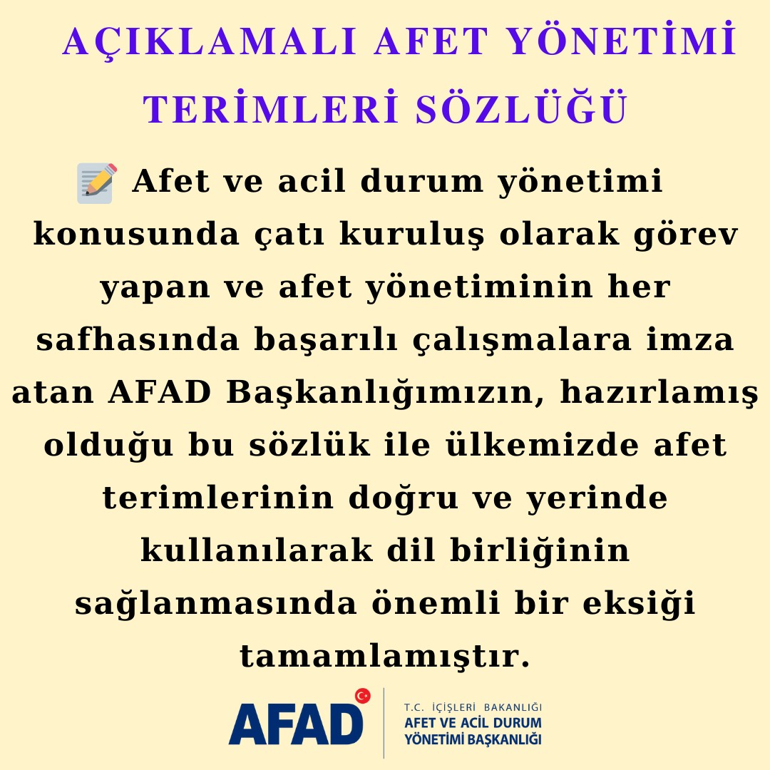 AFADAdiyaman's tweet photo. 1️⃣ #Bilgiseli ⤵️
📚 Açıklamalı Afet Yönetimi Terimler Sözlüğü nedir?
🔗https://t.co/ltPrMTs1qt
@AFADBaskanlik https://t.co/5b4qXAB1ly