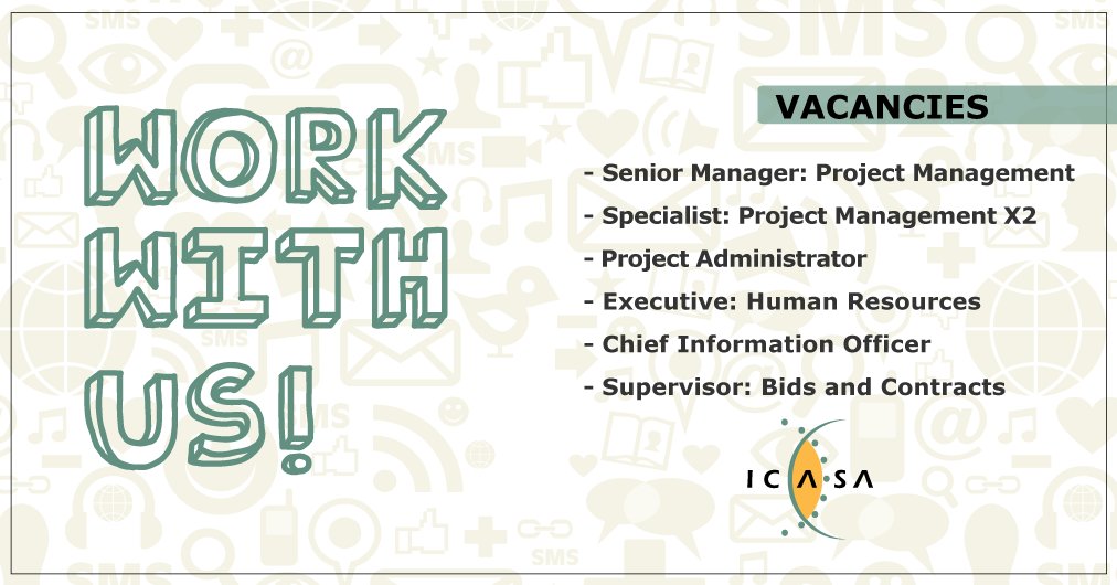 ICASA_org's tweet photo. 📢Job Alert 
The following positions are available:
• Senior Manager:  Project Management
• Specialist: Project Management X2
• Project Administrator
• Executive: HR
• Chief Information Officer
• Supervisor: Bids &amp; Contracts
https://t.co/Mb2THYeeva
Please share! #Jobs https://t.co/pdTv54CcmG