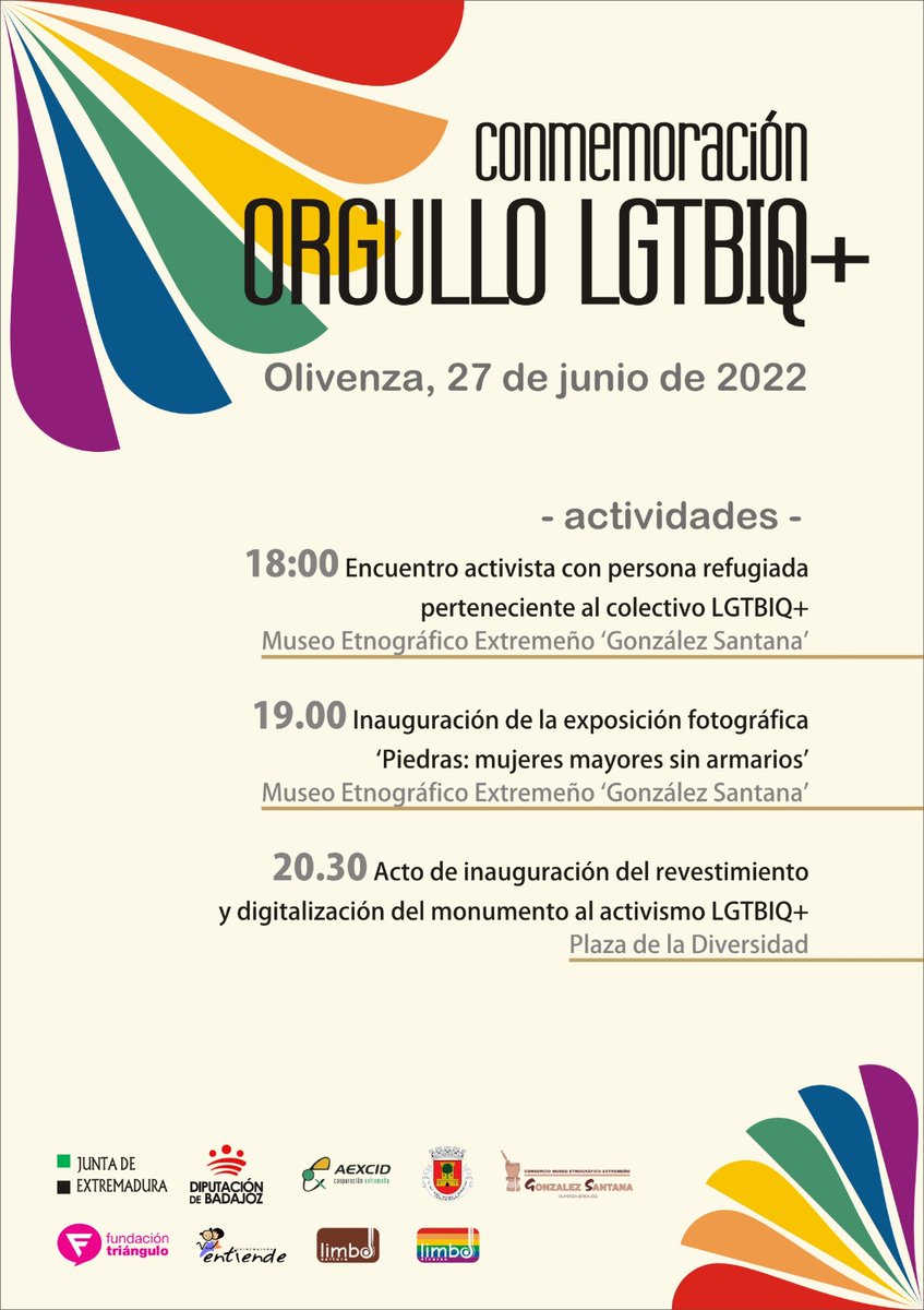 Hoy Olivenza visibilizará de forma permanente el origen y la evolución del activismo LGTBIQ+ es un acto a las 20:30h. en la Plz. de la Diversidad con la inauguración de la última fase del primer monumento de Extremadura y 2° de España dedicado al activismo LGTBIQ+