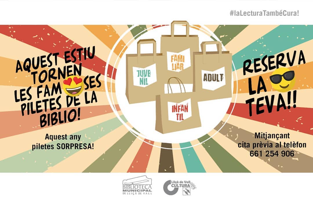 biblioldv's tweet photo. Ja les tenim aquí, només ens les heu de demanar!
4 modalitats: familiar, adults, infantils, juvenils.
A cada pileta, 10 propostes triades amb cura i amor perquè l'estiu sigui temps de lectura i gaudi. 
Truqueu al telf. 661254906 i us les preparem.

@ajllissadevall @culturaldv https://t.co/AkkbHqQaEy