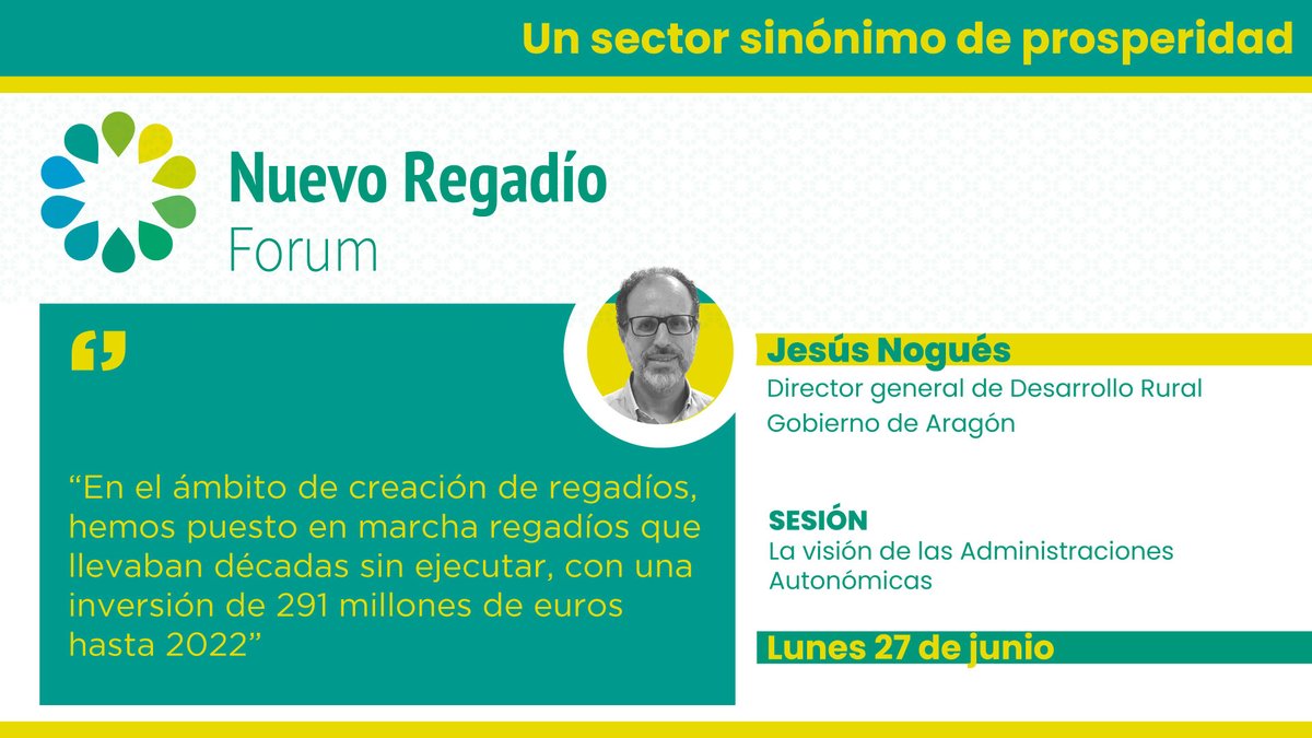 Nuevo Regadío Forum (@nuevoregadio) on Twitter photo #NuevoRegadíoForum | Jesús Nogués, de <a href="/GobAragon/">Gobierno de Aragón</a>, finaliza su intervención: "En el ámbito de creación de regadíos hemos puesto en marcha regadíos que llevaban décadas sin ejecutar, con una inversión de 291 millones de euros hasta 2022".
iagua.es/nuevo-regadio-… #NuevoRegadíoForum | Jesús Nogués, de <a href="/GobAragon/">Gobierno de Aragón</a>, finaliza su intervención: "En el ámbito de creación de regadíos hemos puesto en marcha regadíos que llevaban décadas sin ejecutar, con una inversión de 291 millones de euros hasta 2022".
iagua.es/nuevo-regadio-…