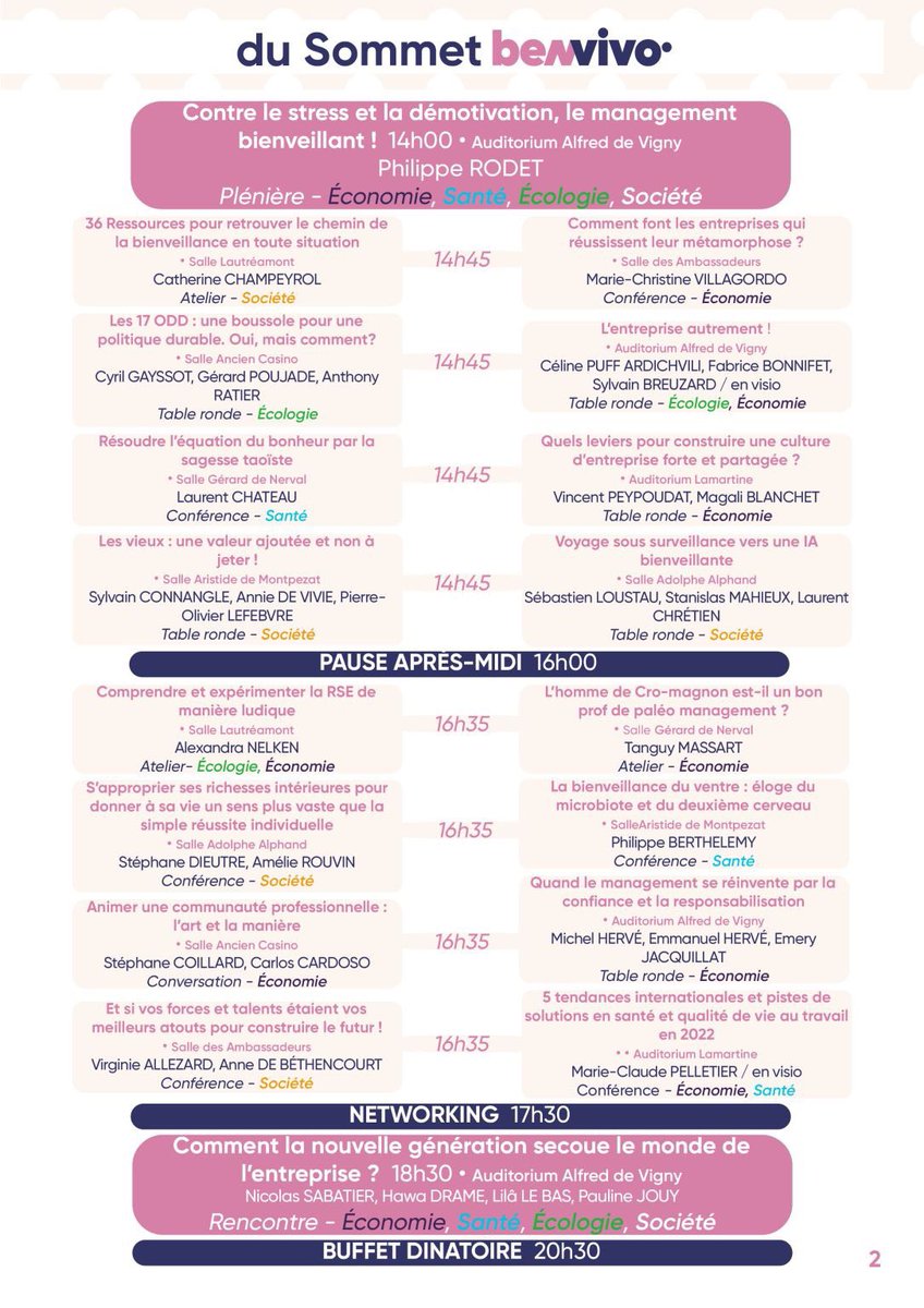 Amelie_Rouvin's tweet photo. Voici le dernier programme à jour pour les 34 conférences du sommet @benvivo1 « la #bienveillance dans tous ses états » ce mardi 28 juin à #Pau et en ligne. Réduction 50% venez apprendre et vous inspirer de ces échanges, réflexions…👍 https://t.co/N9HlhEKn44