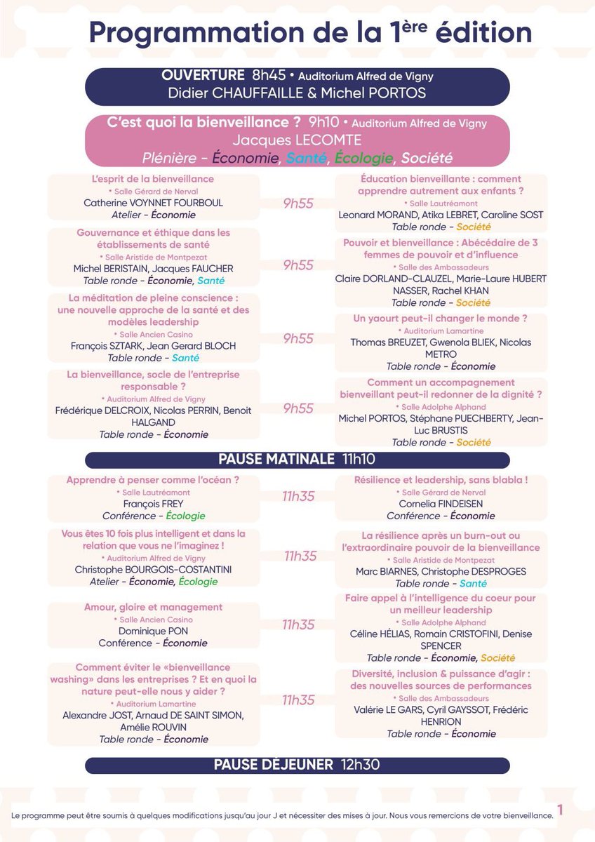 Amelie_Rouvin's tweet photo. Voici le dernier programme à jour pour les 34 conférences du sommet @benvivo1 « la #bienveillance dans tous ses états » ce mardi 28 juin à #Pau et en ligne. Réduction 50% venez apprendre et vous inspirer de ces échanges, réflexions…👍 https://t.co/N9HlhEKn44