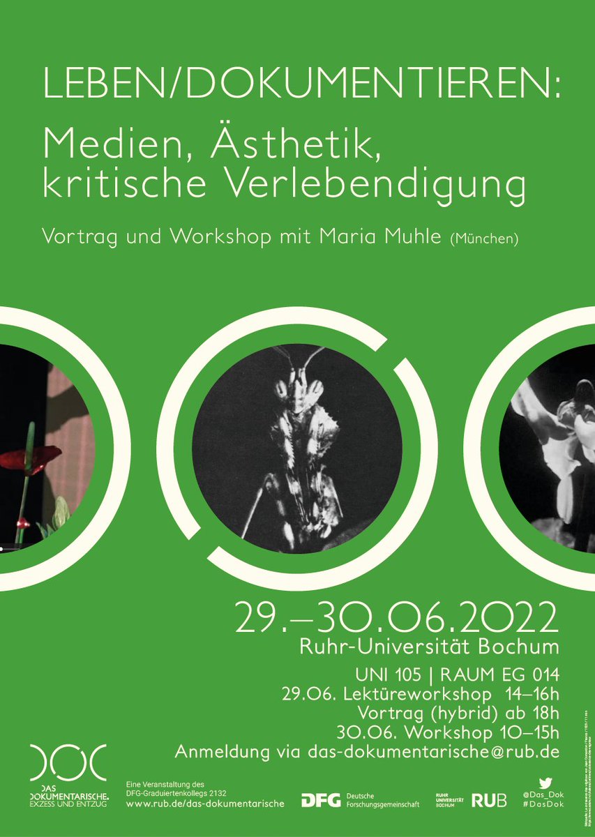 ++++ Mittwoch, 29.6. &amp; Donnerstag, 30.6. finden Vorträge (Präsenz und hybrid) und Workshop mit Prof. Dr. Maria Muhle (München) zu "LEBEN/DOKUMENTIEREN: Medien, Ästhetik, kritische Verlebendigung" statt. ++++

Anmeldungen via das-dokumentarische@rub.de.