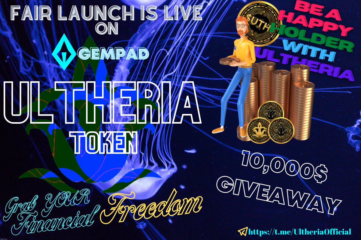 ULTHERIA_Fair Launch Is Live
 ✅ Fair Launch: gempad.app/presale/0x1616…
🎁 $10,000 giveaway for 25 participating wallets drawn. 
To be eligible you must, participate in the presale, Subscribe Like, retweet the post on Twitter and Tagget 3 friends in comment followed by your wallet