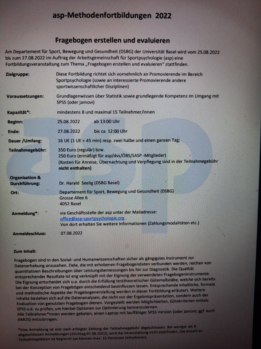 Endlich wieder ein Methodenworkshop in Präsenz! Fragebogen erstellen und evaluieren mit Harry Seelig vom 25.bis 27.8. in Basel! Jetzt anmelden. #asp #Sportpsychologie #sportpsychology
