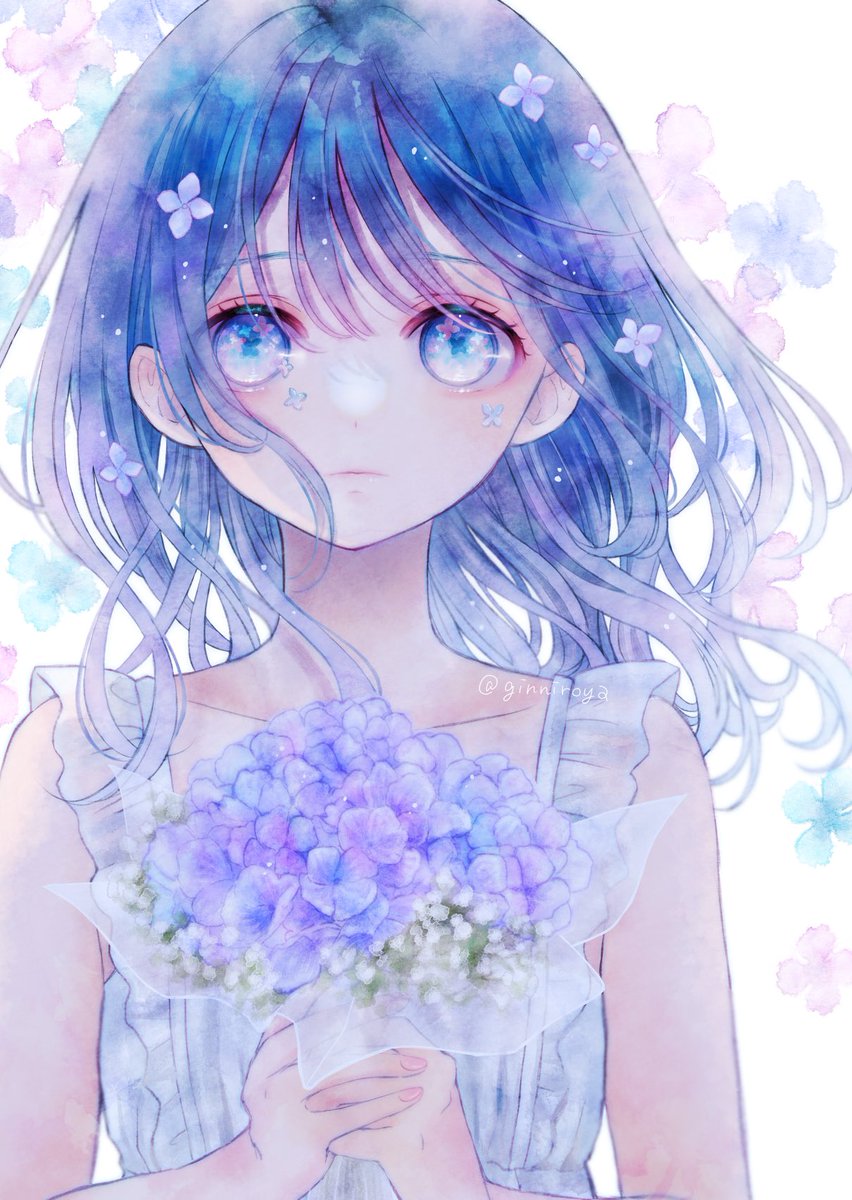 1girl flower solo holding blue eyes blue hair dress  illustration images