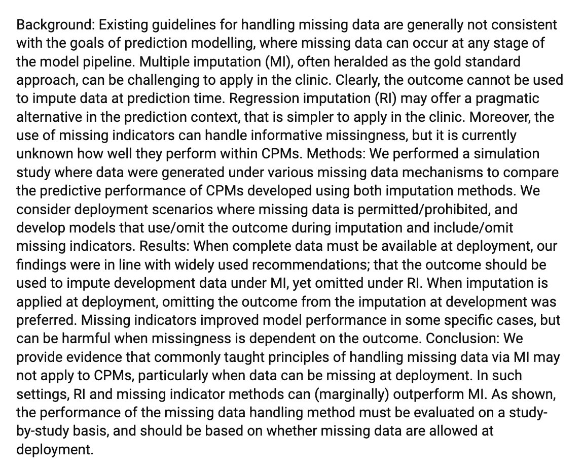 MaartenvSmeden's tweet photo. New preprint led by @rosesisk 
"Imputation and Missing Indicators for handling missing data in the development and implementation of clinical prediction models: a simulation study" -- with some interesting conclusions and recommendations
https://t.co/7xu7V7KZjY https://t.co/gsZg2RurLN
