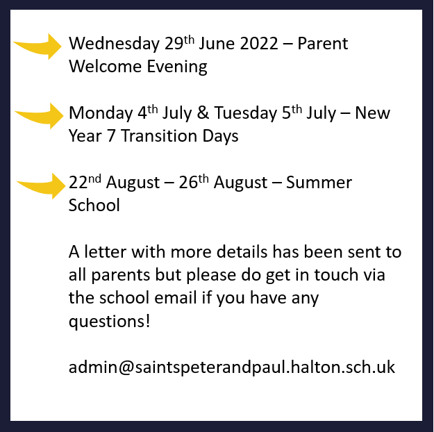 StsPnP's tweet photo. We are so excited to welcome the new Year 7s into our school community in September. To help them have as smooth a journey as possible we have organised a variety of events and activities -
Details have been sent to all parents.
β€οΈππ
#BePandP #respect #compssion #aspiration https://t.co/ouJbN0ThiY