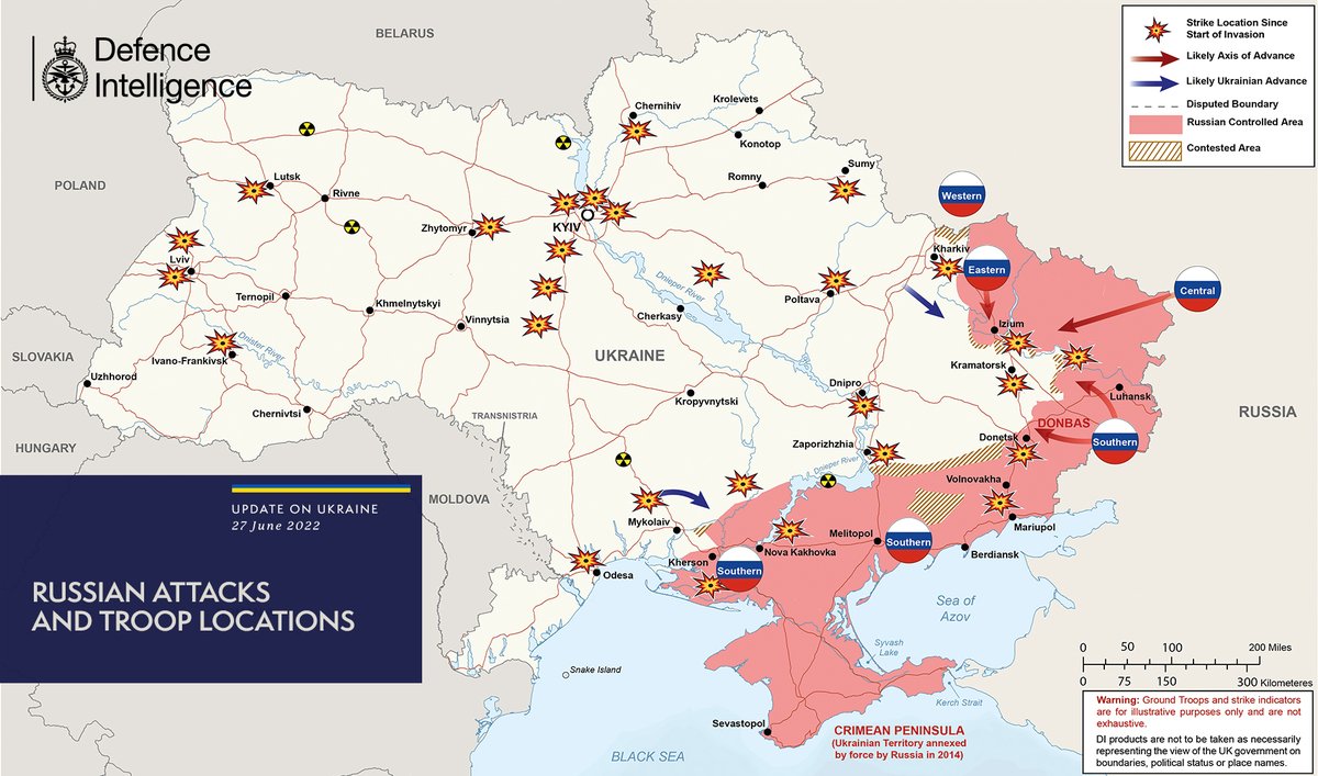 The illegal and unprovoked invasion of Ukraine is continuing. 
 
The map below is the latest Defence Intelligence update on the situation in Ukraine - 27 June 2022
 
Find out more about the UK government's response: ow.ly/goqN50JHYvQ

🇺🇦 #StandWithUkraine 🇺🇦
