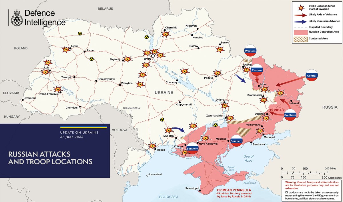 The illegal and unprovoked invasion of Ukraine is continuing. The map below is the latest Defence Intelligence update on the situation in Ukraine - 27 June 2022 Find out more about the UK government's response: ow.ly/goqN50JHYvQ 🇺🇦 #StandWithUkraine 🇺🇦