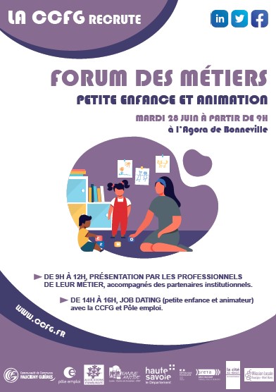 #recrutement #emploi
J-1 Forum RECRUTEMENT #CCFG
😊postes animation &amp; petite enfance
RDV demain Agora #Bonneville 
9-11h30 : Présentation métiers par professionnels 
14-16h : recrutement ouvert à tous / sans diplôme  
#animation #enfance #Bonneville #AvecPoleEmploi
