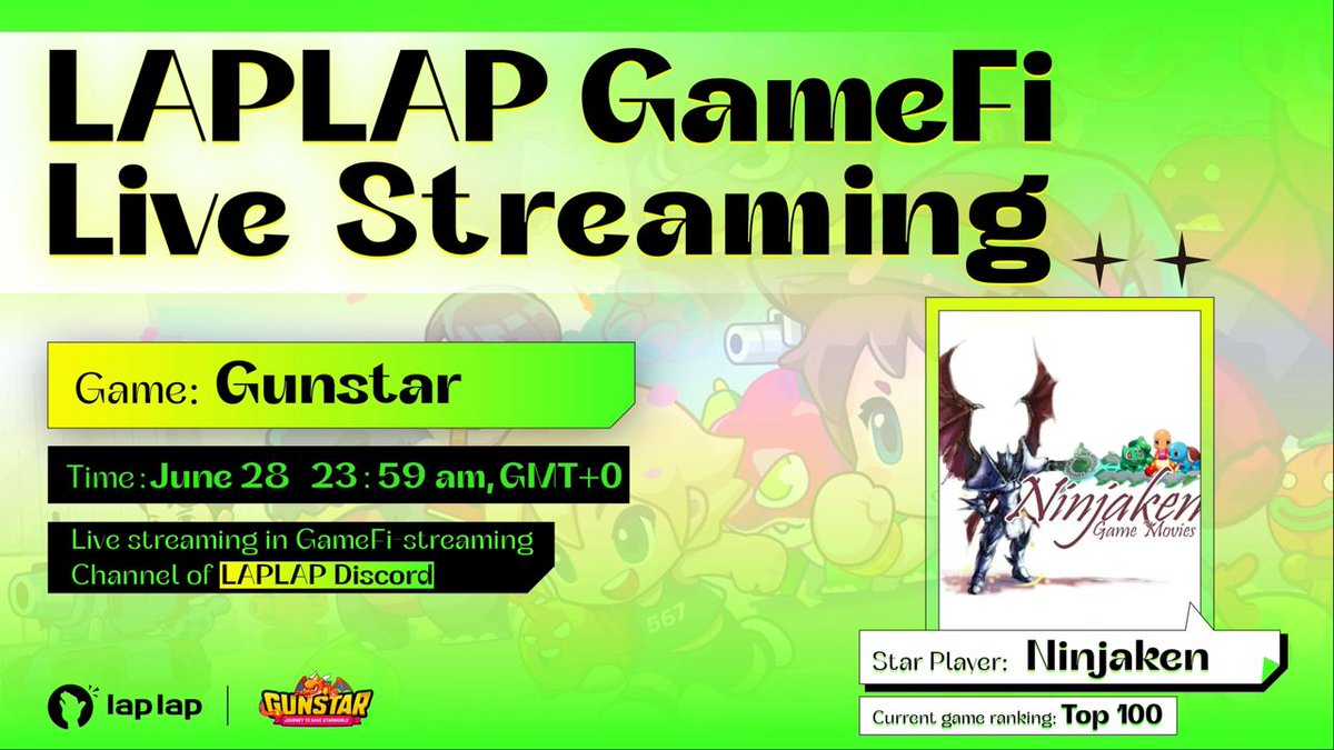 Laplap.pro | Official (@laplap_pro) on Twitter photo 📢Gunstar!The raid boss event!Live streaming continues
@laplap_io
🎮
#Livestream coming on June 28!
🔥Star Player Ninjaken will show us on #Youtube streaming channel how she gets to the
<a href="/GunStar_io/">Gunstar Metaverse</a>
Top100 ranking.
⏲️Time: June 28, 23.59 AM, GMT+0
✅youtu.be/zMoSk21loaY 📢Gunstar!The raid boss event!Live streaming continues
@laplap_io
🎮
#Livestream coming on June 28!
🔥Star Player Ninjaken will show us on #Youtube streaming channel how she gets to the
<a href="/GunStar_io/">Gunstar Metaverse</a>
Top100 ranking.
⏲️Time: June 28, 23.59 AM, GMT+0
✅youtu.be/zMoSk21loaY