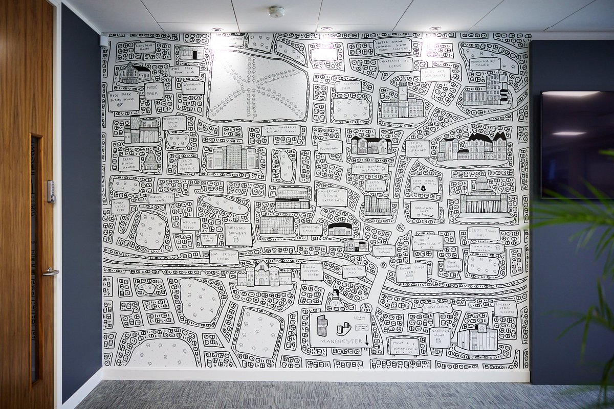 CalibreTweets's tweet photo. We've had a bit of a refurb in our #Leeds office. Doesn't it look good! 

Thanks to @DaveDraws_ for the amazing map mural of our city - see what you can spot. https://t.co/trXRdb0n4o